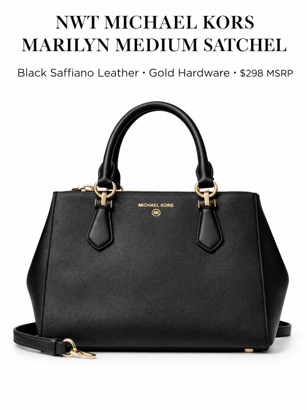 NWT Michael Kors Marilyn Medium Black Saffiano Leather Satchel Crossbody Bag